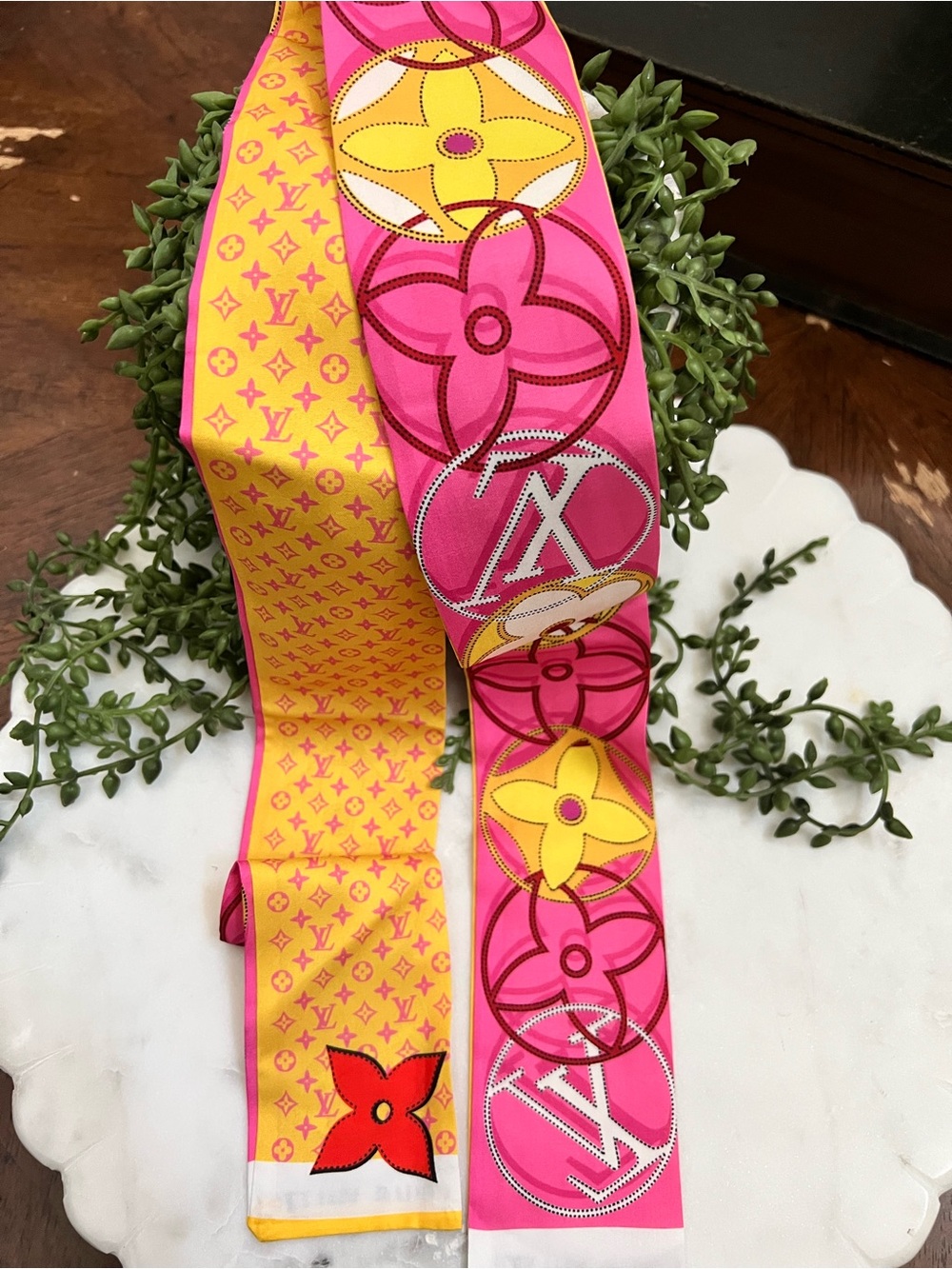 LV Pink & Yellow Silk Scarf / Twilly
